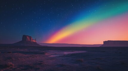 A stunning view of Monument Valley at twilight with vibrant auroras illuminating the night sky.