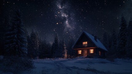 A cozy wooden cabin illuminated under a starry night sky, surrounded by snow-covered trees.
