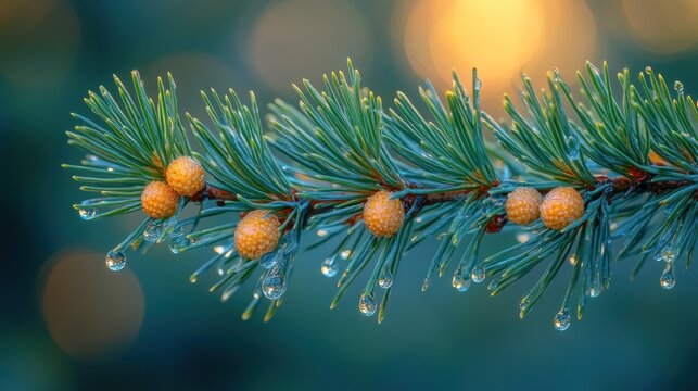 Close-up of pine branch with water droplets and cones.