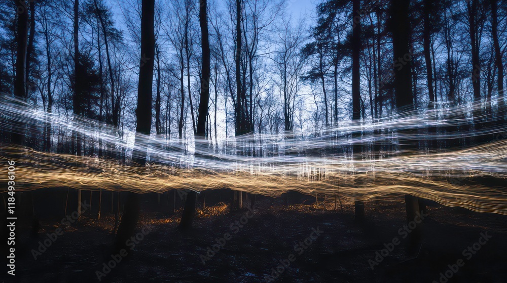 Poster light trails in a dark forest at dusk.