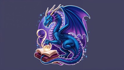 Magical Dragon Casting Spells Over Ancient Tome Against Mystical Purple Background