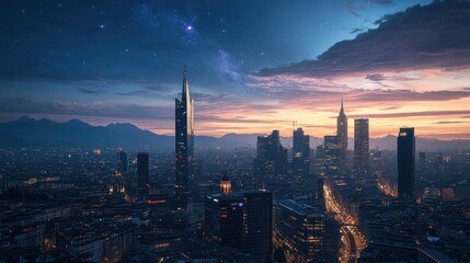 Stunning skyline at dusk with vibrant colors illuminating the cityscape under a starry sky.