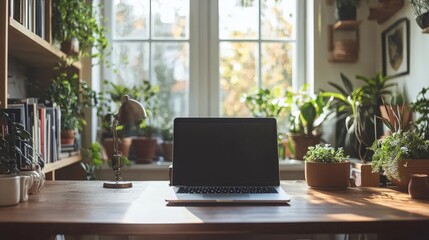 Fototapeta premium A modern workspace with a laptop sits on a wooden desk surrounded by an array of green plants. Sunlight streams in through large windows, creating a warm atmosphere