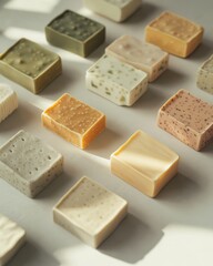 Aesthetic arrangement of various colorful soap bars on a light background, highlighting textures and natural colors.