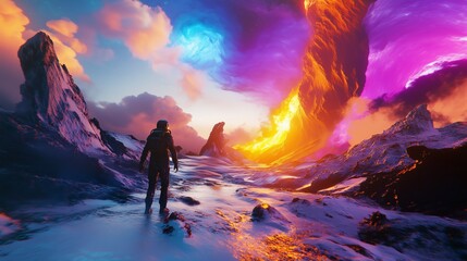 Obraz premium Epic Astronaut Confronting Colorful Storm on Distant Planet