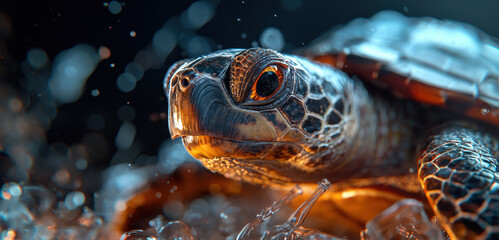 Fototapeta premium A turtle is shown in a blurry image with a splash of water