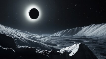 A stunning lunar landscape captures a solar eclipse, highlighting the moon's rugged terrain and starry backdrop.