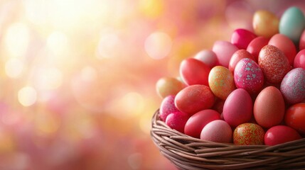 A basket full of colorful easter eggs sitting on top of a table