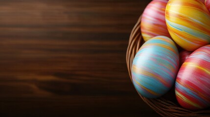 Fototapeta premium A basket filled with colorful easter eggs on a wooden table