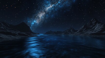 Fototapeta premium A stunning cosmic landscape with a serene river reflecting the starry night sky.