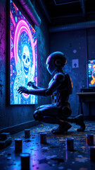 Undertale character Sans with neon art glowing around his head, set against a dark room background with trash and debris scattered about.