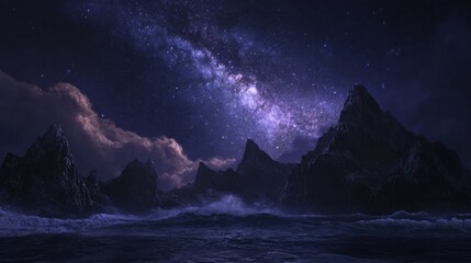 A breathtaking view of a starlit galaxy above rugged mountains and a turbulent sea.