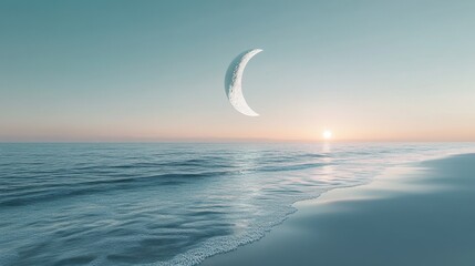 A serene seascape at twilight featuring a crescent moon above the horizon, creating a peaceful atmosphere.