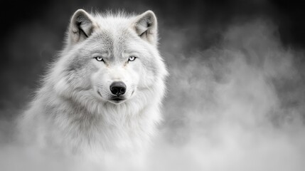 Obraz premium A white wolf with blue eyes standing in the fog