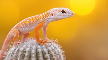 Obraz premium A small orange lizard sitting on top of a cactus