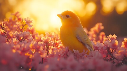 Golden Bird Amongst Pink Blossoms At Sunset