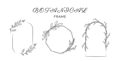 Elegance wedding template for design. Collection of trendy hand drawn frame with flowers. Minimalistic Herbal Botanical set of border. Single line art and clip art. Silhouette. Elements.