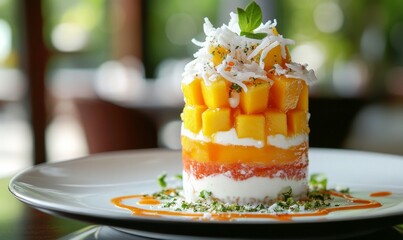 Sweet and creamy yogurt parfait layered with fresh mango slices, coconut shavings, and a tropical cocktail sauce