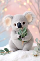 Cute gray koala felted miniature figure holding eucalyptus leaf on soft snowy patch with pastel background