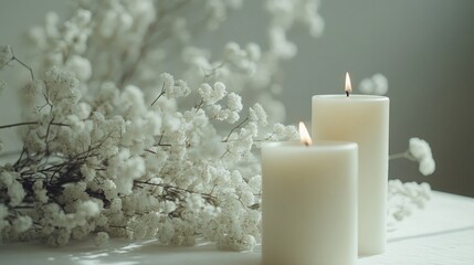 A beautifully decorated wedding reception table with elegant table settings, soft candles, and fresh flowers, arranged in a luxurious but minimalist style.