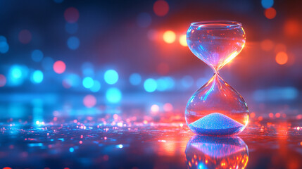 A futuristic hourglass with glowing sand representing time and innovation set against a bright background with blurred space on the side conveying a sense of opportunity and limitless potential

