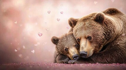 Fototapeta premium A mother bear and her cub laying on the ground