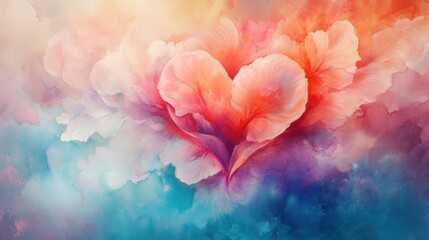 Fototapeta premium Vibrant watercolor painting of heart-shaped petals in soft pastel hues