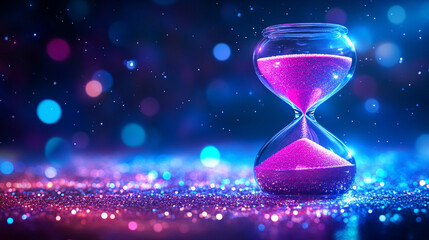 A futuristic hourglass with glowing sand representing time and innovation set against a bright background with blurred space on the side conveying a sense of opportunity and limitless potential

