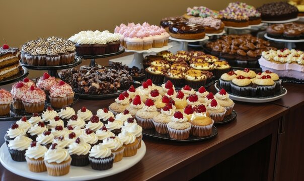Table full of desserts including cakes, cupcakes, and other sweet treats. The table is covered with plates and platters of various desserts, creating a visually appealing and tempting display