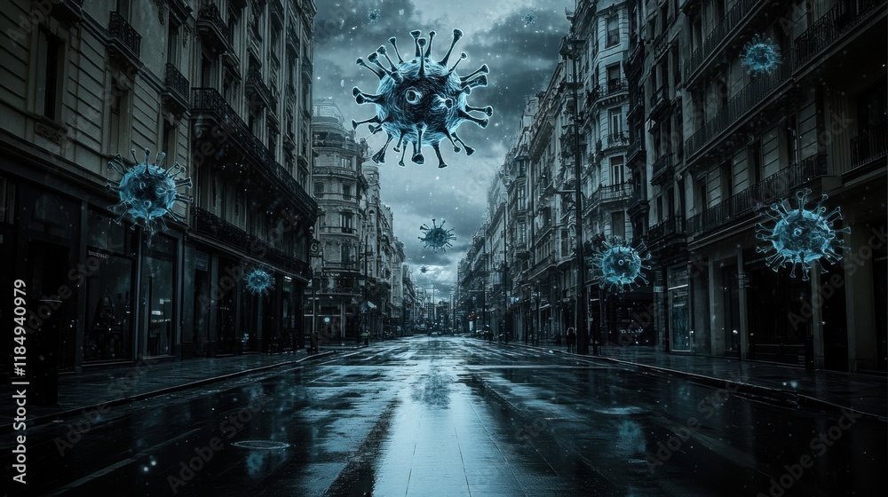 Aufkleber empty urban street with symbolic virus motifs floating above a deserted landscape during a gloomy da