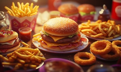 Table full of food including french fries, hamburgers, and onion rings.