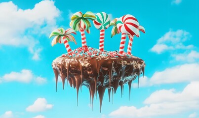 Obraz premium Floating chocolate island with candy cane trees and sprinkles.