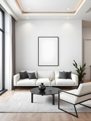 Fototapeta premium monochromatic minimalist living room, 3d render, black and white furniture, sharp modern decor, vertical frame mockup, accent wall, ambient soft lighting