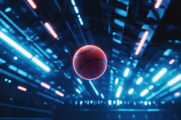 Obraz premium A glowing basketball in mid-air surrounded by vibrant blue and red lights.