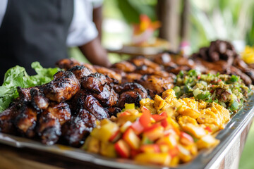 Grilled jerk chicken with fresh tropical salads on a buffet table, catering concept 