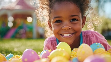 A little girl laying in a pile of colorful easter eggs