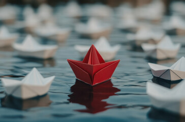 Small paper boats of various colors are gently floating on calm water. A bright red boat attracts attention as it navigates among several white boats, creating a peaceful scene.