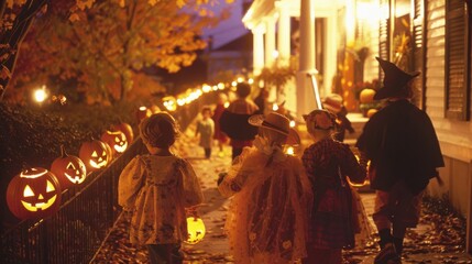 Obraz premium Children in costumes walking down a decorated street with glowing pumpkins during Halloween festivities.