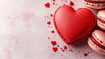 A red heart shaped macaron surrounded by red hearts on a white surface