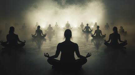 Multiple individuals sit in a meditative pose within a tranquil space filled with fog and soft lighting, promoting relaxation and mindfulness.