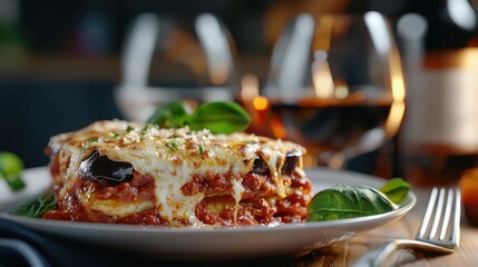 A plate of lasagna with a fork and knife on a wooden table