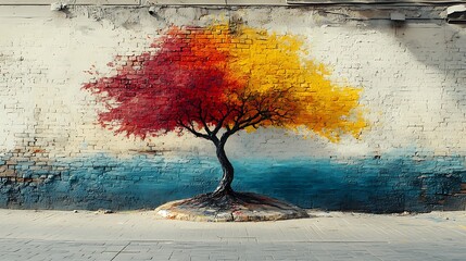 Obraz premium Painted tree mural on brick wall art
