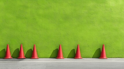Fototapeta premium A row of red traffic cones in front of a green wall