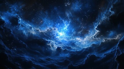 Fototapeta premium A stunning cosmic scene filled with deep blue hues and swirling clouds of stardust.