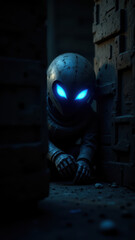 A sentient robot peeks around a wall with its glowing eyes.