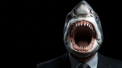 A man in a suit with a shark mask on his head