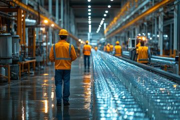 A team of workers testing newly installed equipment in a clean, brightly lit factory space. bright lighting, contrast