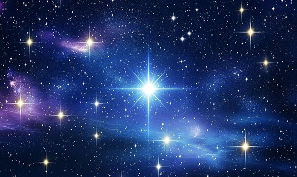 Starry sky with a blue and purple hue. The stars are scattered throughout the sky, with some closer together and others further apart