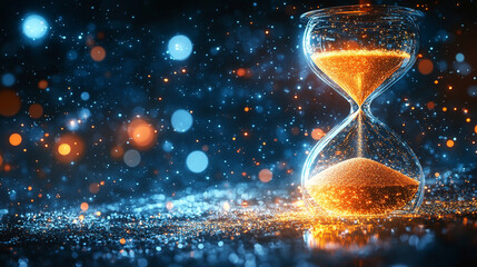 A futuristic hourglass with glowing sand representing time and innovation set against a bright background with blurred space on the side conveying a sense of opportunity and limitless potential

