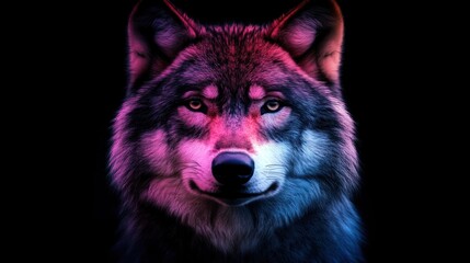 Fototapeta premium Close-up portrait of a stylized wolf head, vibrant pink and blue gradient colors against a black background..
